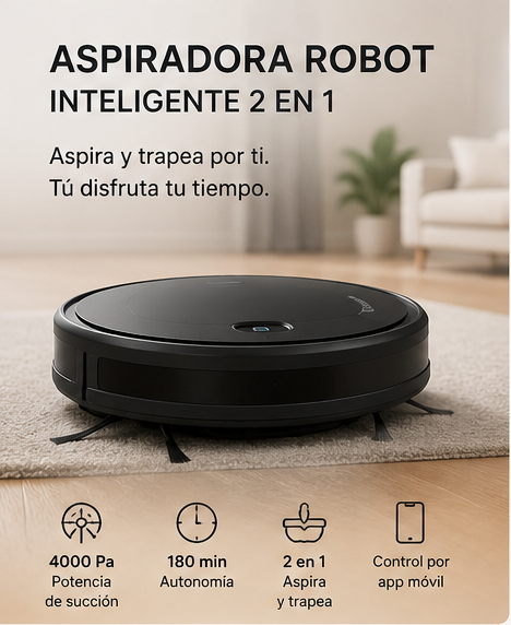 Aspiradora Robot Inteligente 4000 Pa – Limpieza Automática 2‑en‑1, Navegación Inteligente y Batería 180 Minutos