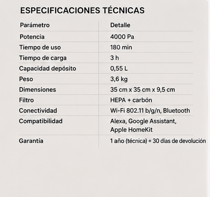 Aspiradora Robot Inteligente 4000 Pa – Limpieza Automática 2‑en‑1, Navegación Inteligente y Batería 180 Minutos